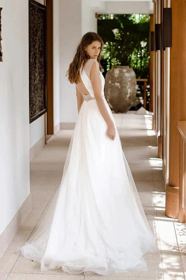 Awesome Long A-line Beading Tulle Open Back Wedding Dress (ZD14372)