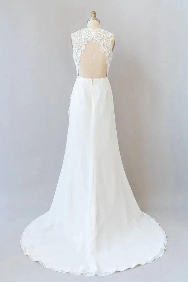 Awesome Long Sheath Lace Chiffon Backless Wedding Dress (ZD14381)