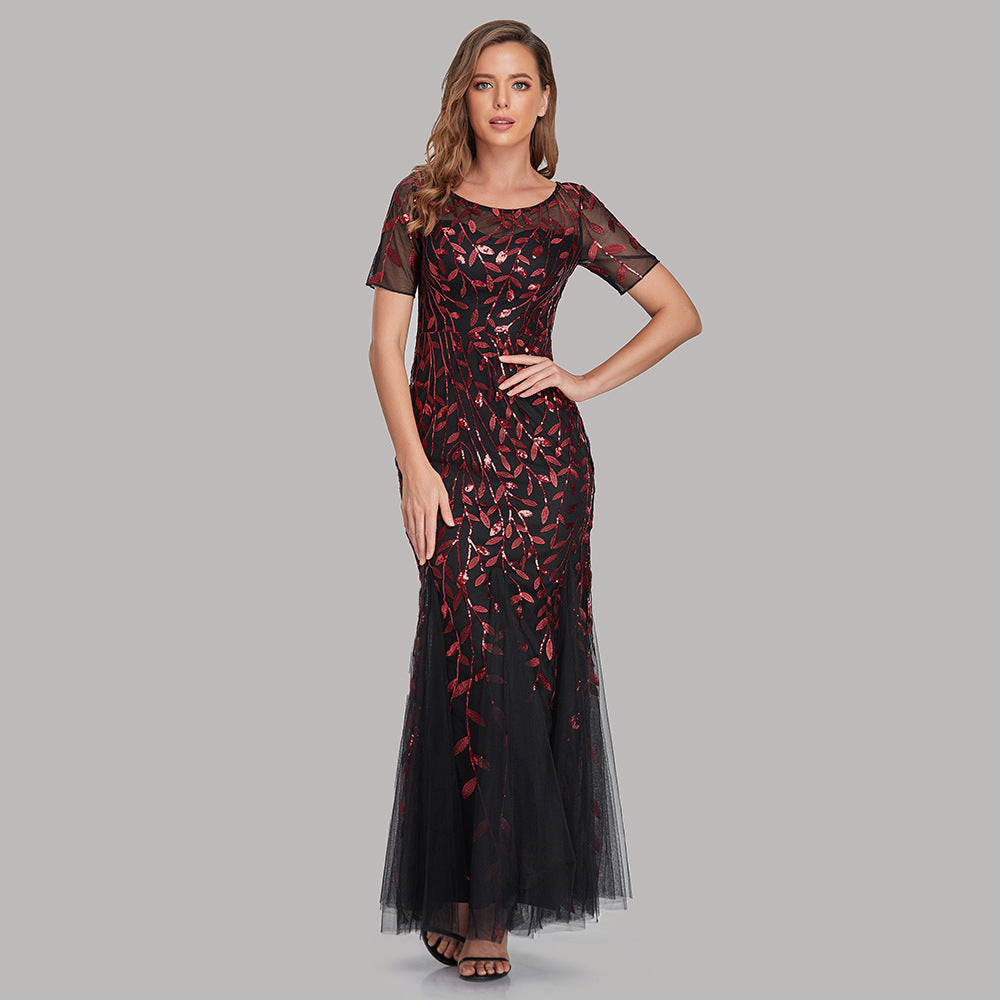 Summer Autumn Banquet Host Slim Mesh Sequ Evening Dress Fishtail Dress for Women