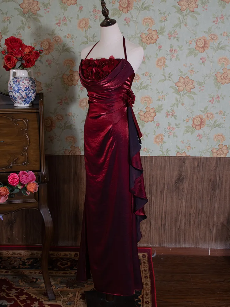 Vintage Burgundy Floral Long Prom Dress Halter Party Evening Gown - VelvetHem