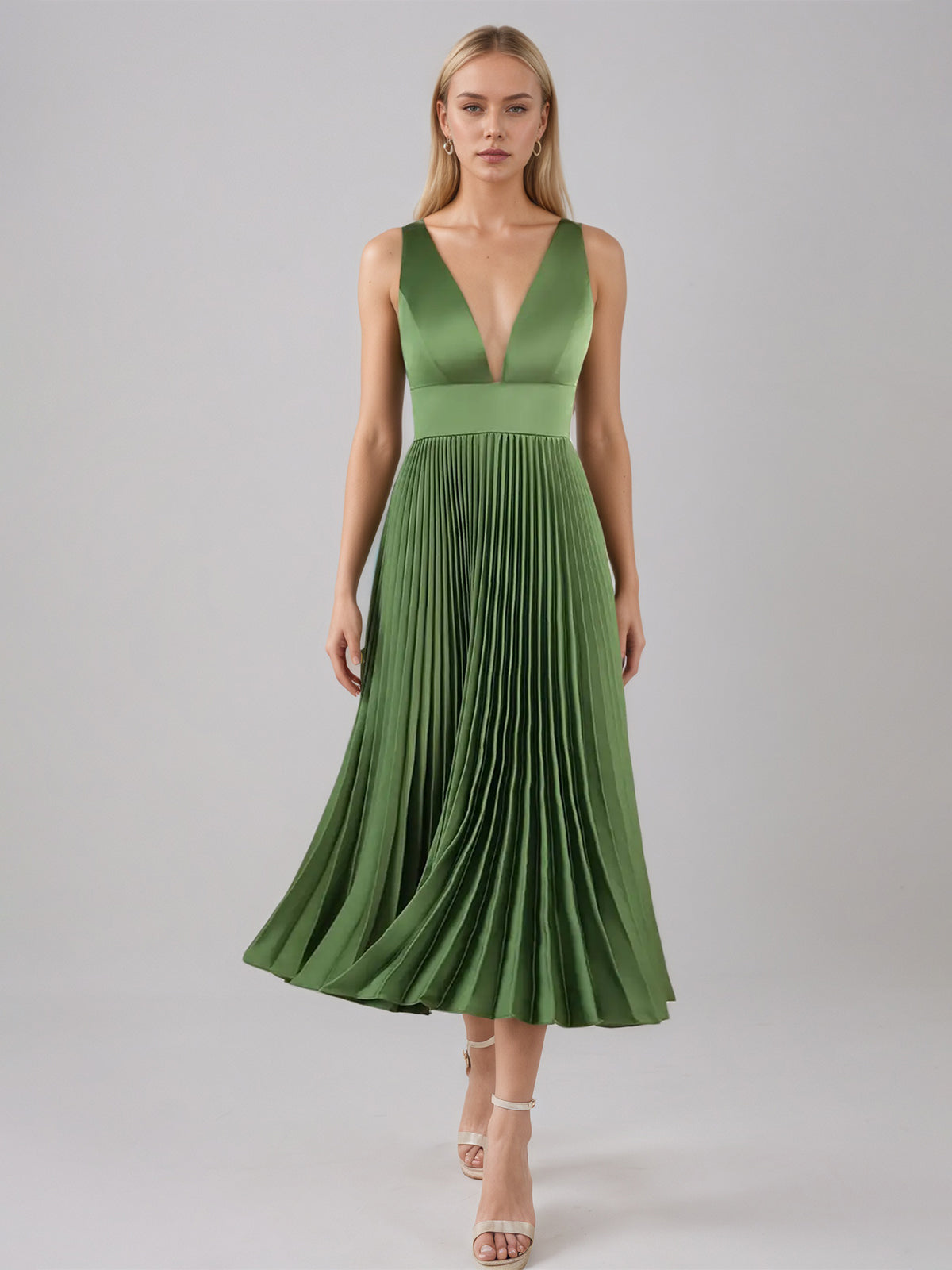Olive Green A Line Satin V Neck Sleeveless Tea Length Dress - VelvetHem