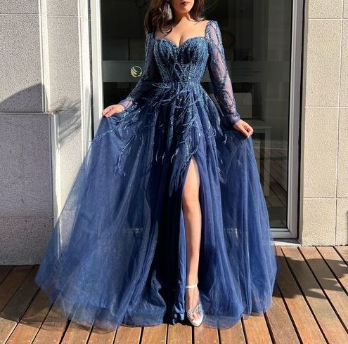 Luxurious Blue Slit Long Party Dress Evening Dress With Feathers - VelvetHem