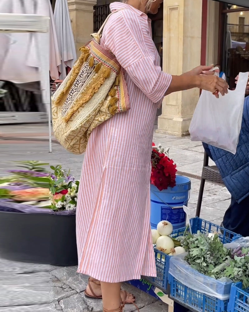 Mariana Effortless Striped Casual Dress with Cuffs and Slits Statement Occasion Edit