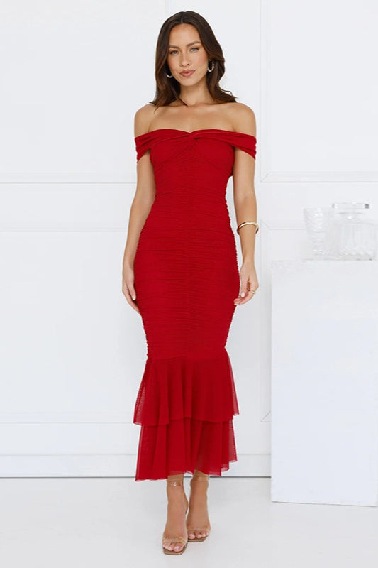 Layered Mermaid Ruched Midi Dress