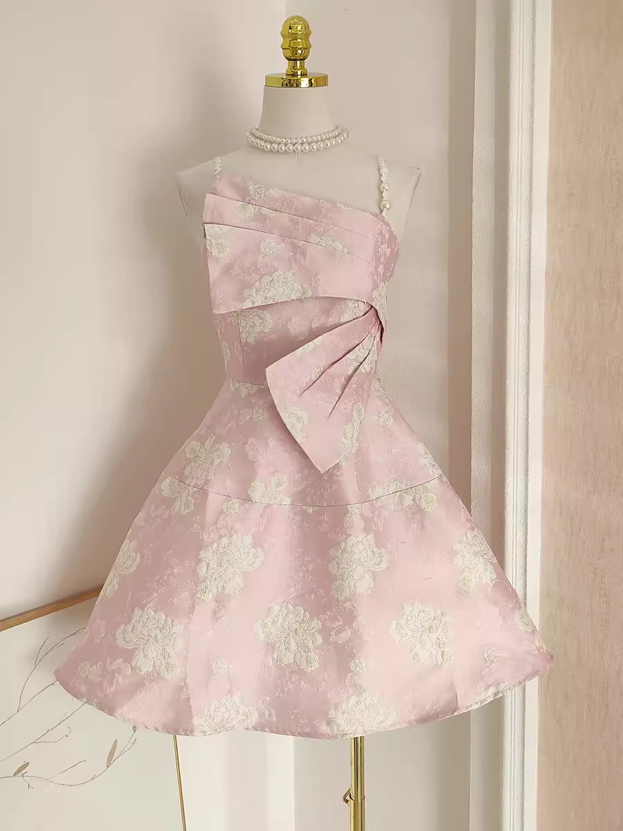 Cute A line Spaghetti Straps Pink Satin Holiday Dresses Short Birthday Dress - VelvetHem