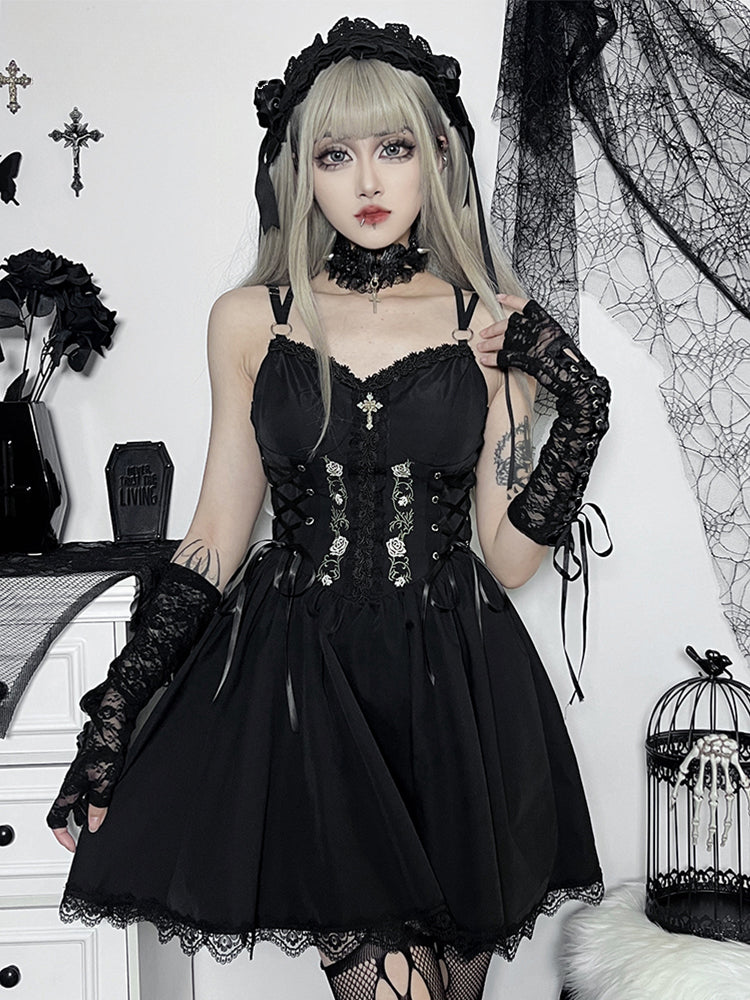 Gothic Black V Neck Lace Up Y2K Grunge Punk High Waist Lace Trim Party Dress - VelvetHem