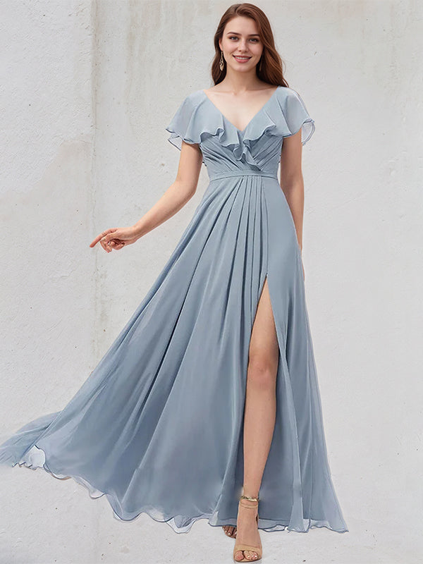 Dusty Blue A-Line V-Neck Floor-Length Chiffon Bridesmaid Dress - VelvetHem