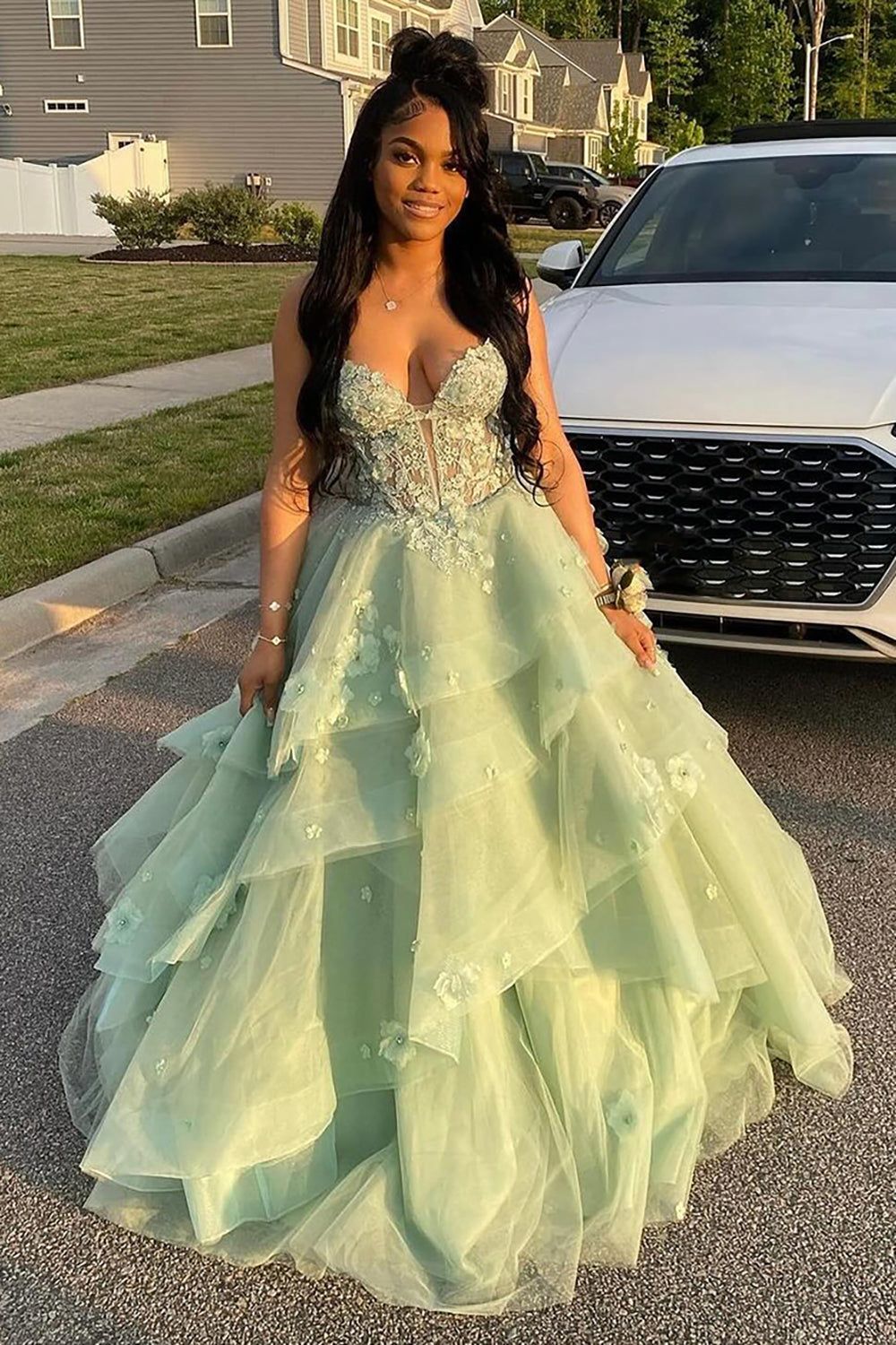 Sage Spaghetti Straps A-Line Tulle Tiered Long Corset Prom Dress with Appliques - VelvetHem