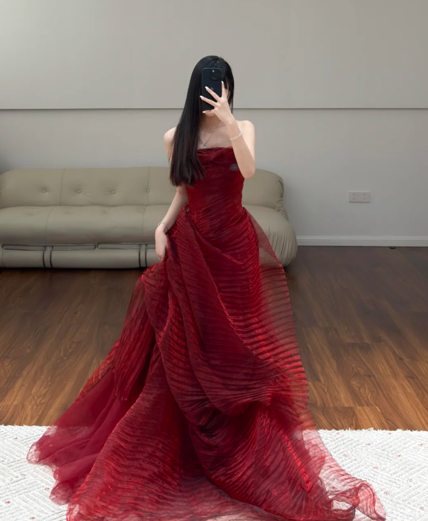 Burgundy Prom Party Dress Sleeveless Evening Dress Birthday Outfit - VelvetHem