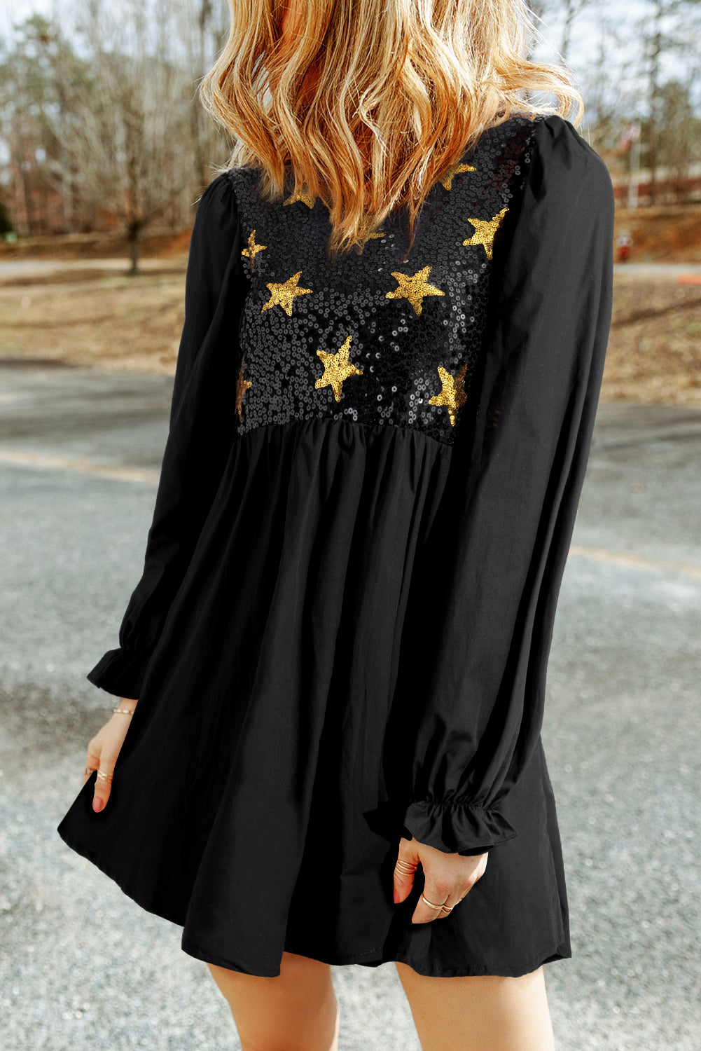 Ana Chic Sequin Star Mini Dress with a Round Neckline and Flounced Sleeves Elevated Occasion Wear