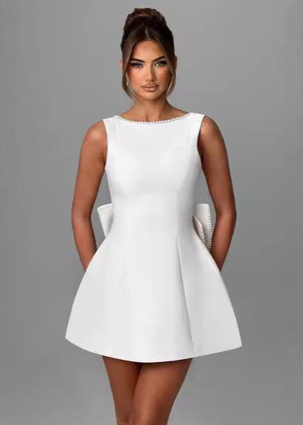 Pearl Trimmed Bow Back Mini Dress Chic Elegance
