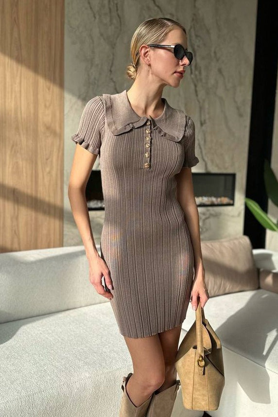 Fitted Peter Pan Collar Short-Sleeve Cable-Knit Sweater Dress - VelvetHem