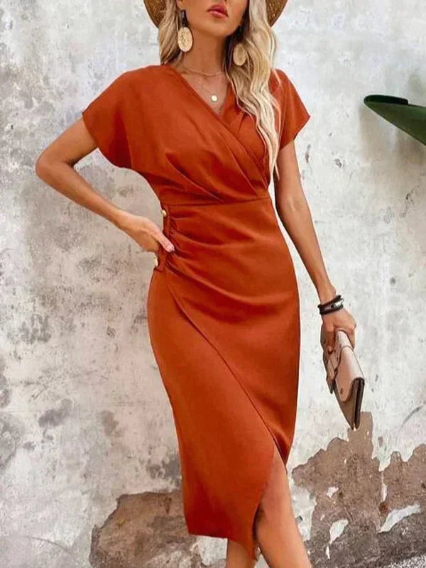 Patricia Statement Orange Midi Dress with V Neck and Slit Elevated Occasion Wear