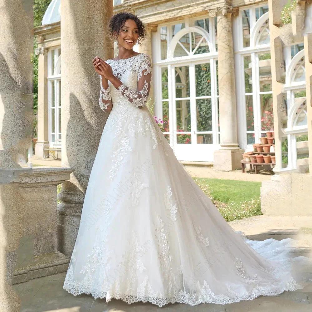 Civil Wedding Dresses For 2024 Bride Long Sleeves Backless Scoop Bride Gowns A-Line Lace Applique vestido de noiva by payinti