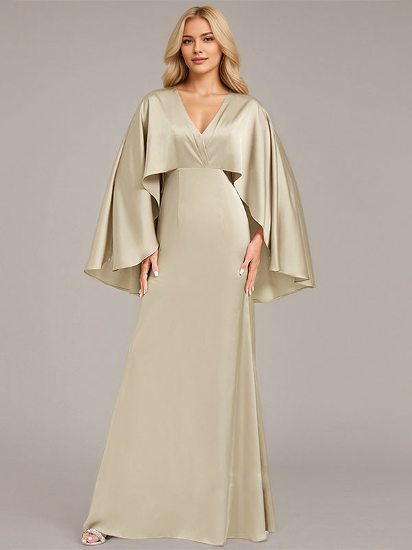 Sand A-Line V-Neck Floor-Length Satin Bridesmaid Dress - VelvetHem