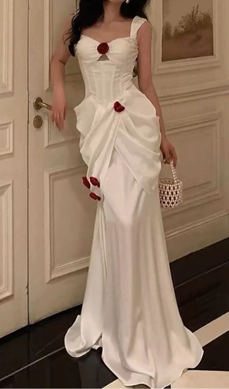 Elegant White Satin Flowers Evening Dress Long Prom Dress Wedding Dress (ZD13721) - VelvetHem