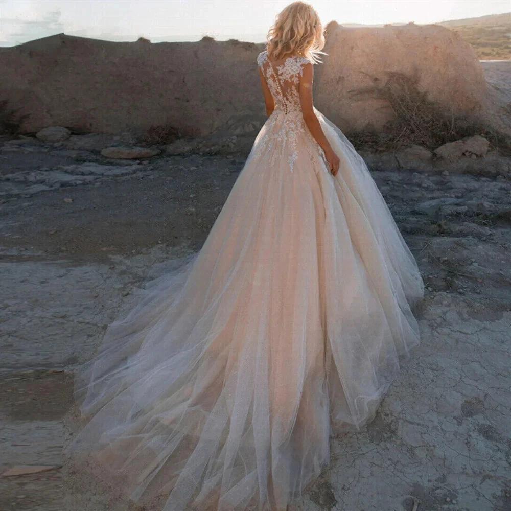 Scoop Lace Applique A Line Wedding Dresses Sleeveless Illusion Tulle Boho Bridal Gown Vestido De Noiva (ZD14038)