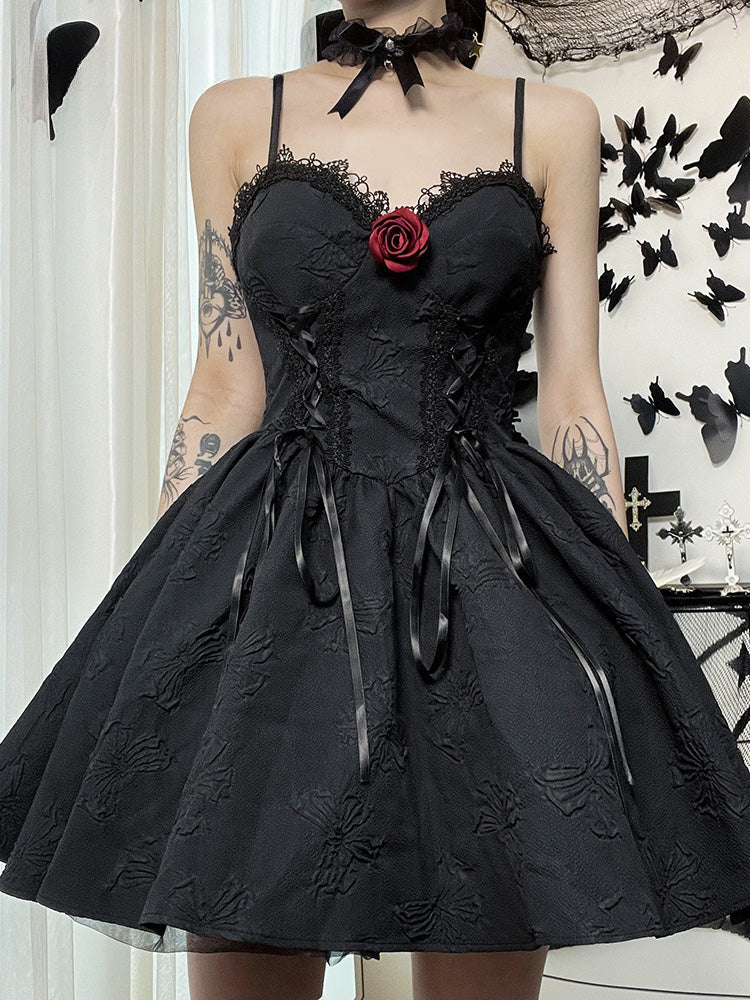 Goth Print Rose Lace Up A Line Fairy Grunge Backless V Neck Summer Party Dress - VelvetHem