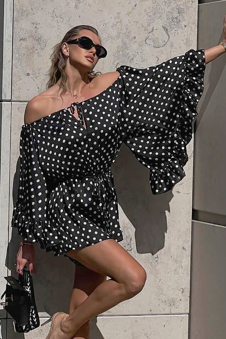 Polka Dot Off-Shoulder Ruffle Mini Dress - VelvetHem