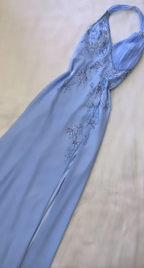Blue Halter A Line Long Prom Dress Chic Beeaded Formal Party Dress Evening Gown Y7562 - VelvetHem
