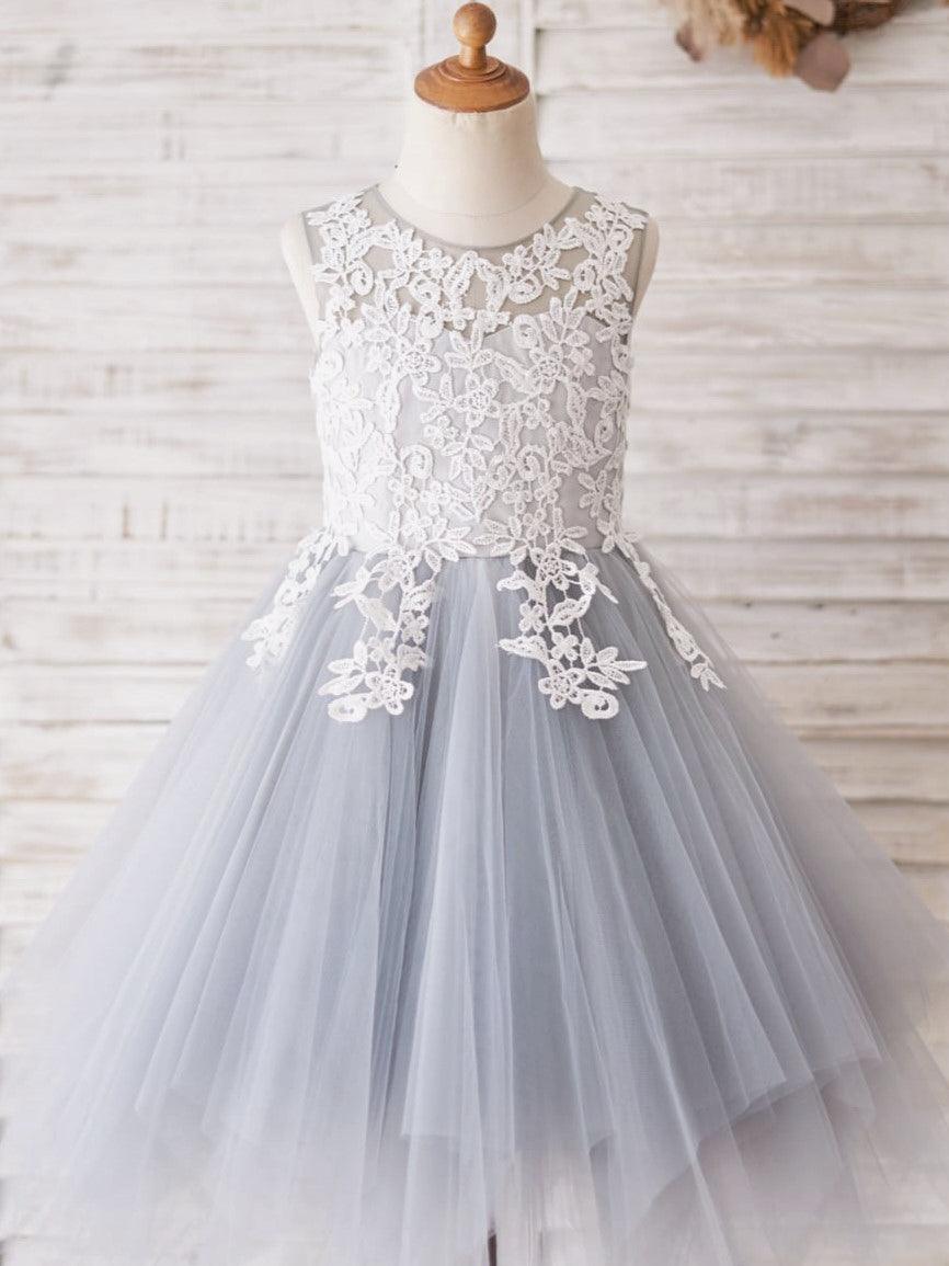Lace Tulle Floor-length Blue Flower Girl Dress - VelvetHem