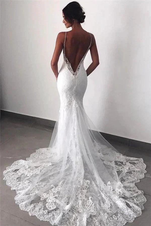 Backless Wedding Dress Lace Mermaid Beautiful Spaghetti-Straps Bride Dress (ZD13855) - VelvetHem