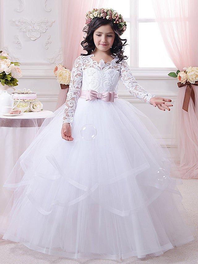 Ball Gown Cotton Long Sleeve Lace Tulle First Communion Flower Girl Dresses - VelvetHem