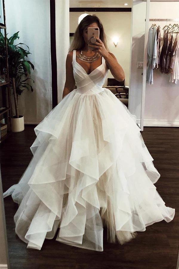 Ball Gown Elegant Floor Length Cascading Ruffles Tulle Wedding Dress (ZD15375) - VelvetHem