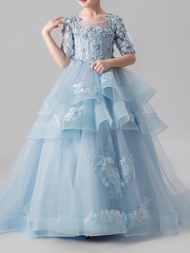 Ball Gown Jewel Neck Sweep Brush Train Pageant Flower Girl Dresses with Sleeves - VelvetHem