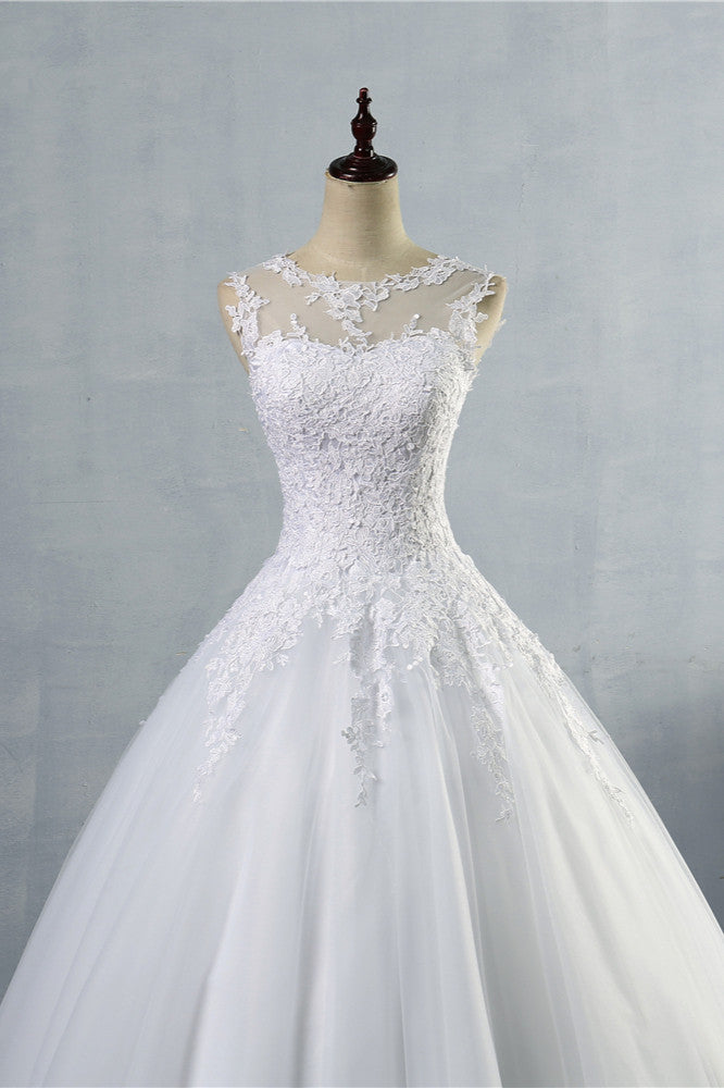 Ball Gown Jewel Tulle Lace Wedding Dress White Appliques Sleeveless Bridal Gowns On Sale (ZD17458)
