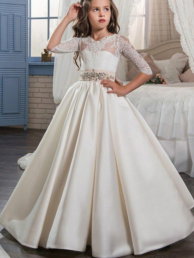 Ball Gown Lace Satin Sweep Brush Train Wedding Birthday Pageant Flower Girl Dresses with Sleeves - VelvetHem