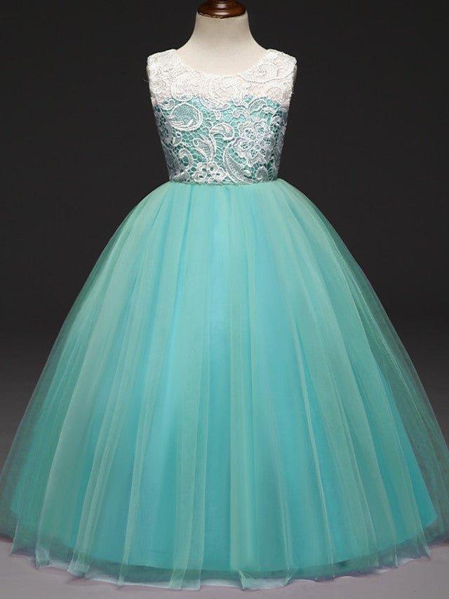 Ball Gown Lace Tulle Sleeveless Jewel Neck Wedding Party Flower Girl Dresses
