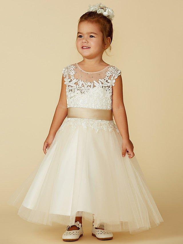 Ball Gown Lace Tulle Sleeveless Jewel Neck Wedding Party Pageant Flower Girl Dresses - VelvetHem