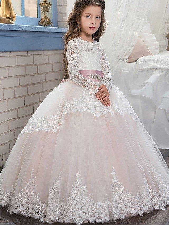 Ball Gown Lace Tulle Sweep Brush Train Wedding Birthday Pageant Flower Girl Dresses with Sleeves - VelvetHem