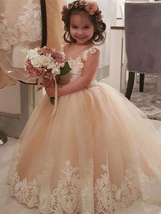 Ball Gown Lace Tulle Sweep Brush Train Wedding Party Flower Girl Dresses - VelvetHem