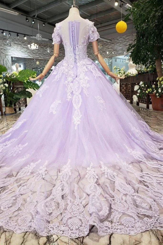 Ball Gown Lilac Short Sleeves Prom Dresses Wedding Dresses with Lace (ZD15362)