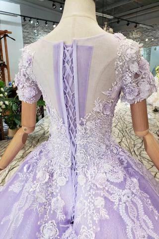 Ball Gown Lilac Short Sleeves Prom Dresses Wedding Dresses with Lace (ZD15362)