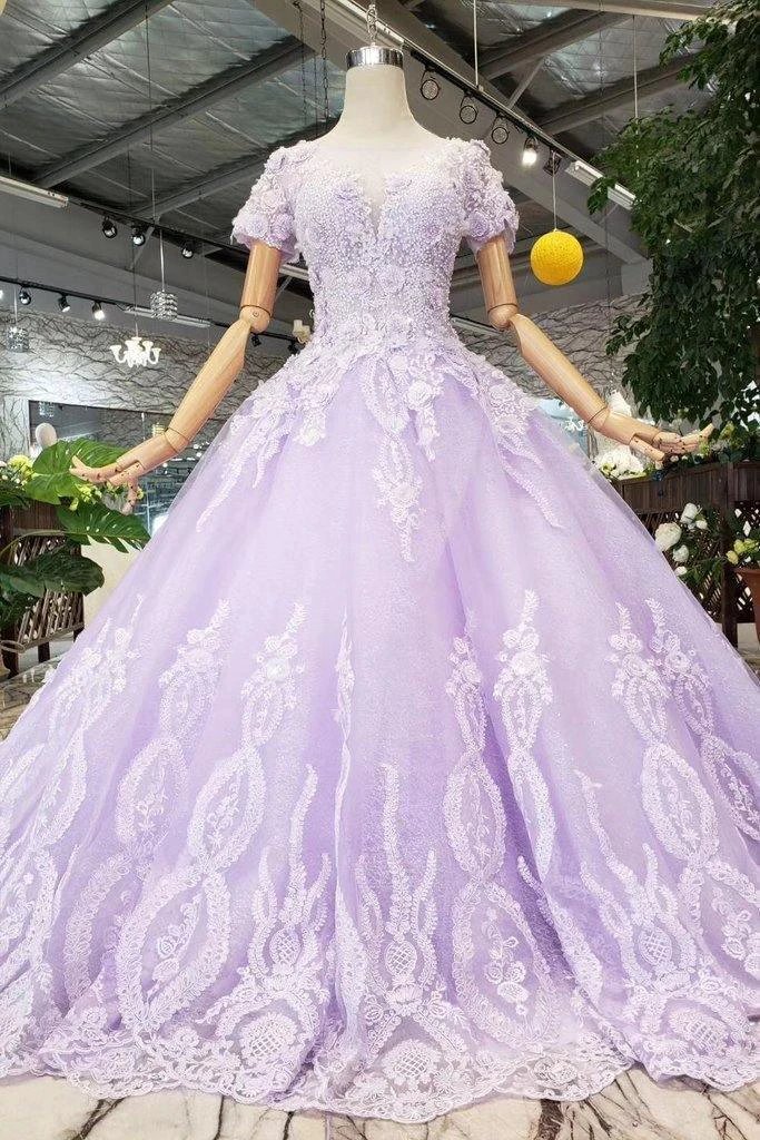 Ball Gown Lilac Short Sleeves Prom Dresses Wedding Dresses with Lace (ZD15362) - VelvetHem