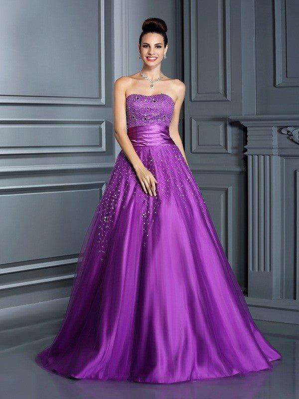 Ball Gown Sweetheart Beading Sleeveless Long Satin Quinceanera Dresses - VelvetHem
