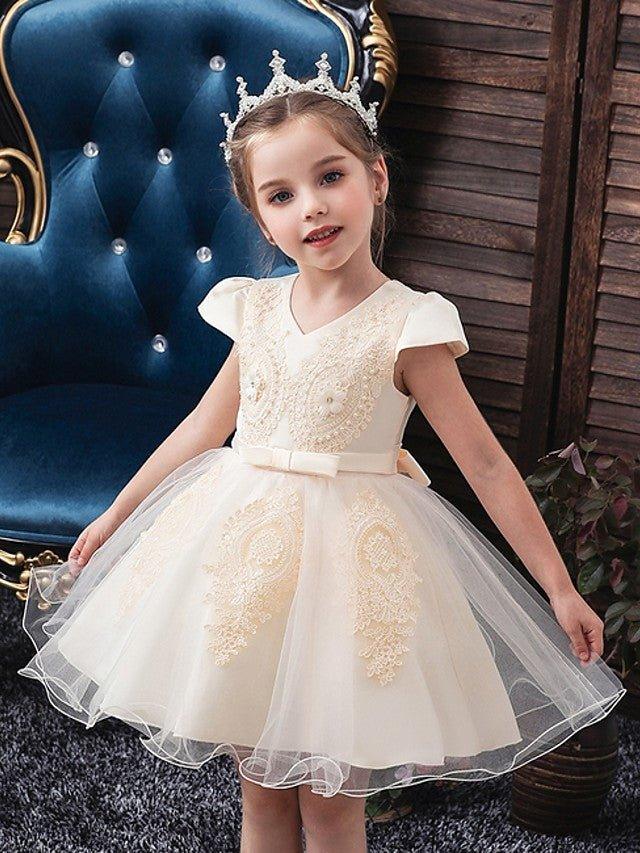 Ball Gown Tulle Short Sleeve V Neck Wedding Party Flower Girl Dresses - VelvetHem