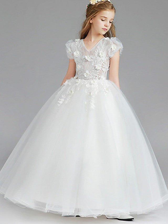 Ball Gown Tulle Short Sleeve V Neck Wedding Party Flower Girl Dresses - VelvetHem