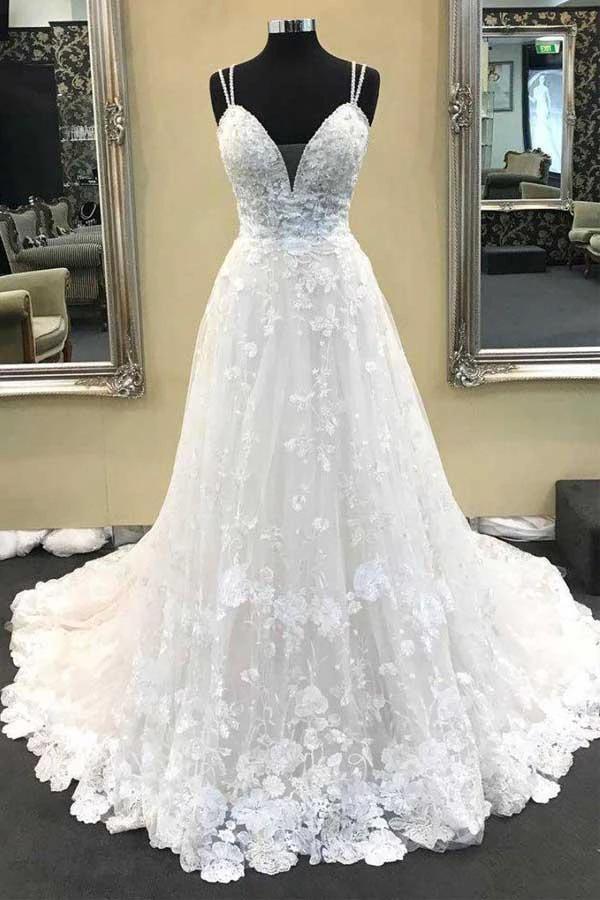 Ball Gown V Neck Spaghetti Straps Ivory Lace Long Wedding Dresses (ZD15382)