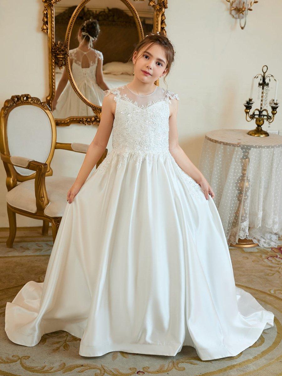 Ball-Gown/Princess Satin Sweep Train First Communion Flower Girl Dress - VelvetHem