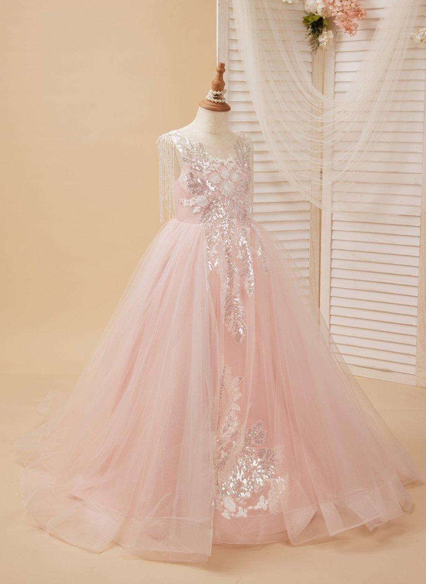 Ball-Gown/Princess Satin Tulle Floor-length Pink Flower Girl Dress - VelvetHem
