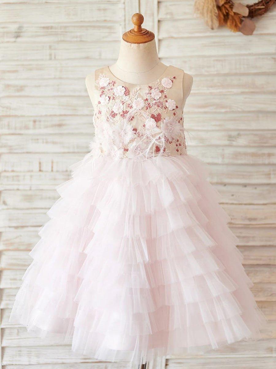 Ball-Gown/Princess Satin Tulle Knee-length Pink Flower Girl Dress - VelvetHem