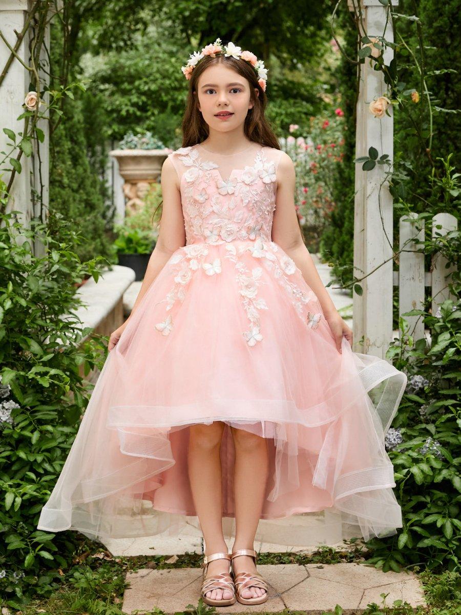 Ball-Gown/Princess Tulle Asymmetrical Pink Flower Girl Dress - VelvetHem