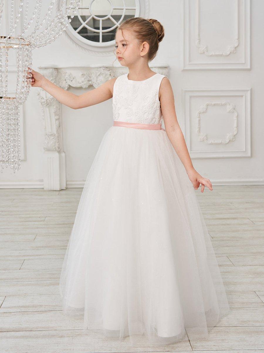 Ball-Gown/Princess Tulle Floor-length Ivory Flower Girl Dress - VelvetHem