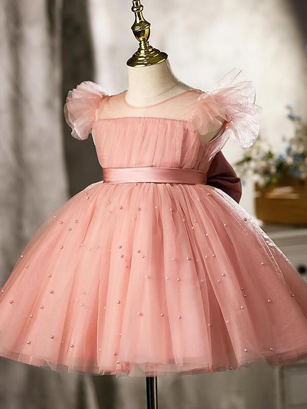 Ball-Gown/Princess Tulle Knee-length Pearl Pink Flower Girl Dress - VelvetHem