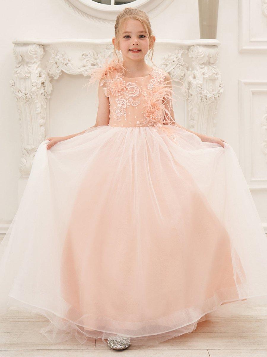 Ball-Gown/Princess Tulle Sweep Train Pink Flower Girl Dress - VelvetHem