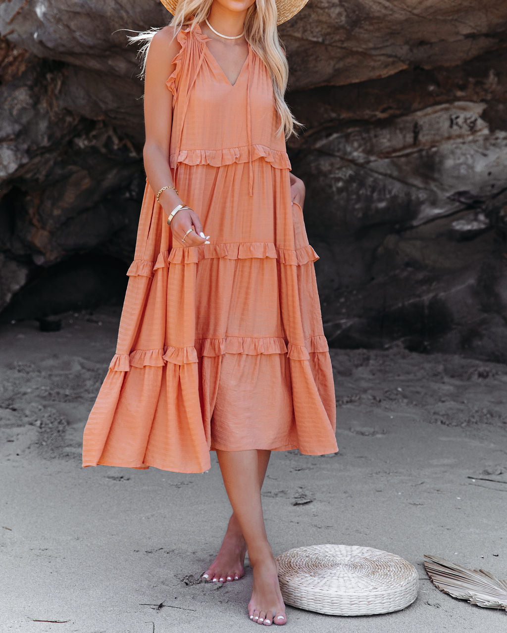 Ballard Cotton Blend Pocketed Tiered Midi Dress Papaya